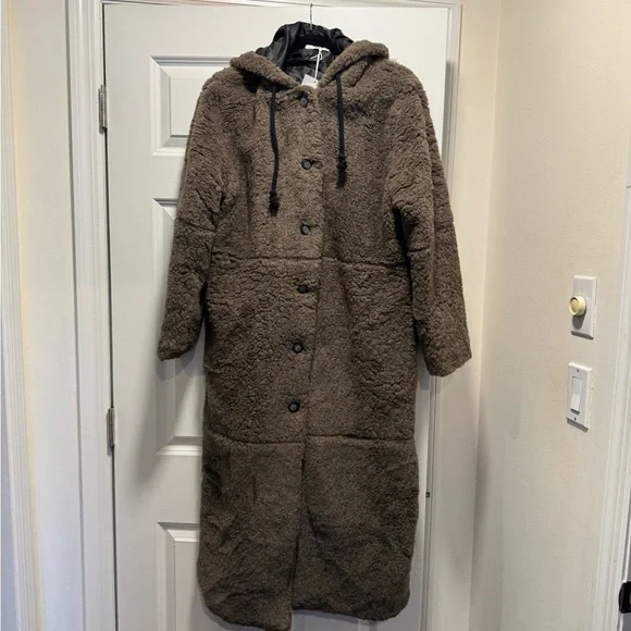$600 THAKOON Brown Faux Fur Teddy Hooded Oversized Coat Size Medium NWT - Picture 2 of 4